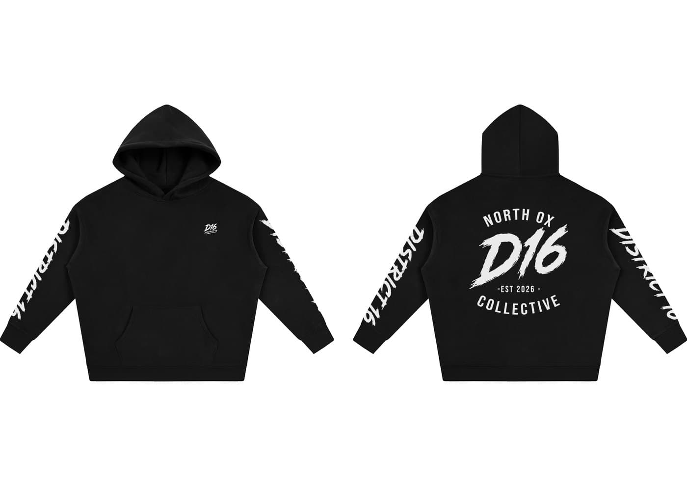 Core Hoodie front and back — DISTRICT 16 sleeve hits, North Ox back emblem